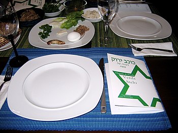 Passover Seder table with an Esperanto Haggada...