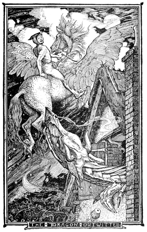 black and white full page illustration of a man riding a horse with wings over a house while a dragon cranes it's neck through the window to look up at them. The horse has wings on its ankles as well as it's back and the man wears a silly hat