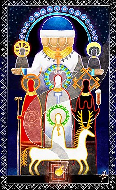 The Seven Gods, by the Russian artist Maxim Sukharev, 2010s. The artwork represents the supreme God (Rod) manifested as a sevenfold hierarchy, according to Slavic theo-cosmology. The Seven Gods -- Maxim Sukharev.jpg