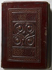 The front cover of the St Cuthbert Gospel, 690s; the original tooled red goatskin binding is the earliest surviving Western bookbinding The St Cuthbert Gospel of St John. (formerly known as the Stonyhurst Gospel) is the oldest intact European book. - Upper cover (Add Ms 89000) (cropped).jpg