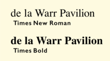 Times New Roman compared to its bold. The bold weight has a different style, more "nineteenth-century" in appearance, with flat serifs on the tops of letters and a more vertical axis visible on the 'o'. Times and bold.png