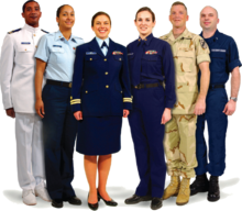 Photo showing a variety of Coast Guard uniforms. From Left: Service Dress White, Tropical Blue, Service Dress Blue, Winter Dress Blue, Camouflage Utility Uniform, Operational Dress Uniform USCG Uniforms.png