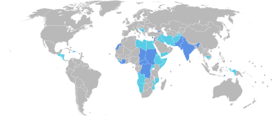 UN peacekeeping missions. Dark blue regions indicate current missions, while light blue regions represent former missions. United Nations peacekeeping missions 2009.svg