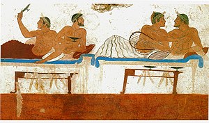 Homosexual couples at a symposium, as depicted on a fresco in the Tomb of the Diver, Paestum, Italy