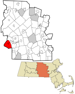 沃倫在烏斯特縣及麻薩諸塞州的位置（以紅色標示）
