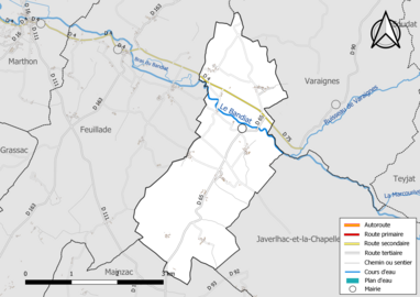 Carte en couleurs présentant le réseau hydrographique de la commune