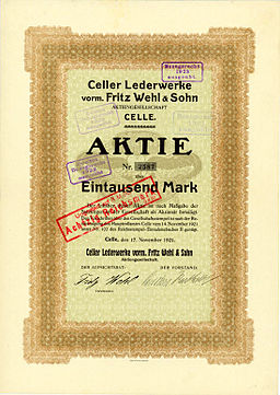 1921-11-17 Aktie der Celler Lederwerke, vormals Fritz Wehl & Sohn Aktiengesellschaft Celle, später umgestempelt auf 80 RM, Druck vermutlich König & Ebhardt, Hannover