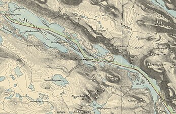 Den nedre delen av den nu överdämda dalgången, som den såg ut 1888, innan Akkajaure dämdes. Utsnitt ur generalstabskartan.