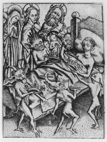 Ars moriendi
engraving by Master ES, c. 1450 Ars moriendi (Meister E.S.), L.181.png