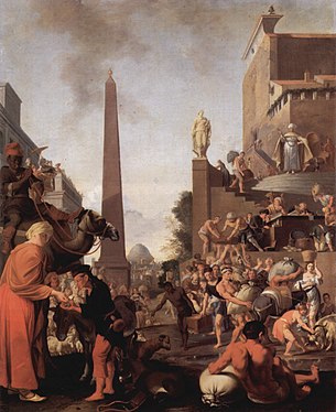 Jozefo vendas granon de Bartholomeus Breenbergh (1655), montranta kamelon kun rajdanto maldekstre.