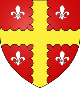 Coat of arms of Saint-Sauveur de Villeloin abbey - Alias: Gules, a cross engrailed Or, between four fleurs-de-lis Argent.[12]