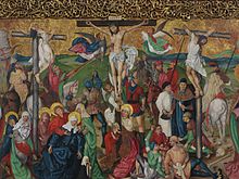 Crucifixion, from the Buhl Altarpiece, a particularly large Gothic oil on panel painting from the 1490s Buhl StJeanBaptiste27.JPG