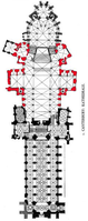 Grundriss der Kathedrale von Canterbury mit früh­goti­schem Chor und spät­goti­schem West­-Langhaus