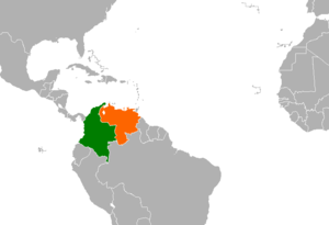 Mapa indicando localização da Colômbia e da Venezuela.