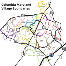 Map of the villages in Columbia Columbia-Villages.svg