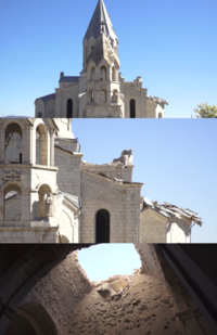 The Armenian Apostolic Ghazanchetsots Cathedral in Shusha was shelled twice during the conflict. Damaged Ghazanchetsots Cathedral in Shushi.png