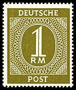 Stamp in occupied Germany, 1946: the neutral expression Deutsche Post instead of Deutsche Reichspost, but still the old currency RM (Reichsmark) Deutsche Post - 1 Reichsmark.jpg