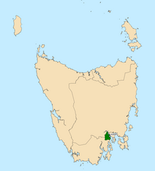 Map of the Tasmanian House of Assembly divisions, Clark highlighted in green.