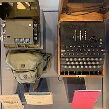 Surviving three-rotor Enigma on display at Discovery Park of America in Union City, Tennessee, U.S. Enigma and Decoder (from above) at Discovery Park of America.jpg