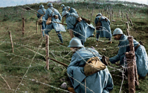 French infantry pushing through enemy barbed wire, 1915 French soldiers pushing through enemy barbed wire, 1915 (49913128013).png