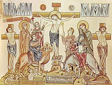 Crucifixion of Jesus of Nazareth, medieval illustration from the Hortus deliciarum of Herrad of Landsberg, 12th century Hortus Deliciarum, Die Kreuzigung Jesu Christi.JPG