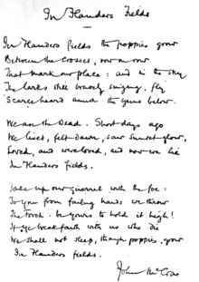 The poem handwritten by McCrae. In this copy, the first line ends with «grow», differing from the original published version.