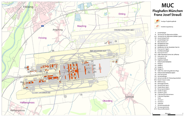 Mapa del aeropuertu (incluyida la futura espansión)