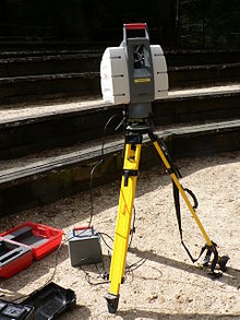 This LIDAR scanner may be used to scan buildings, rock formations, etc., to produce a 3D model. The LIDAR can aim its laser beam in a wide range: its head rotates horizontally, a mirror flips vertically. The laser beam is used to measure the distance to the first object on its path. Lidar P1270901.jpg