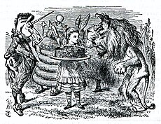 『鏡の国のアリス』原作版（1871年刊）所収の、ライオンとユニコーンの挿絵 / ジョン・テニエル画。