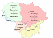 Grafische Landkarte Litauens mit fünf Regionen und ihren ehemaligen Namen.