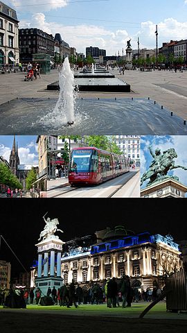 Photomontage: The Place of Jaude (top, 2007)Notre-Dame-de-l'Assomption Cathedral, tramway and Statue of Vercingétorix (middle, 2007)Opera by night (bottom, 2005).