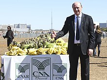 A imagem apresenta o atual Deputado Federal Neri Geller em ação de entrega de alimentos em Brasília-DF. O deputado usa um terno de cor preta e camisa branca e, ao seu lado, encontra-se uma bancada com uma grande variedade de frutas.