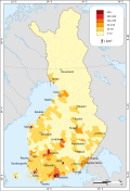 Kort af þéttleika byggðar í Finnlandi.