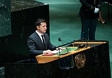 President of Ukraine Volodymyr Zelenskyy at the 76th session of the UN General Assembly, 21 September 2021.jpg