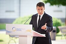 Ukraine President Volodymyr Zelenskyy speaks at the fourth conference. President of Ukraine Volodymyr Zelenskyy speaks at the fourth Ukraine Reform Conference in Vilnius, Lithuania, 6 July 2021.jpg