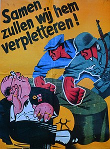 Nazi Propaganda poster of 27th SS Volunteer Division Langemarck with anti-semitic title: "Together we will crush him!". Propaganda Poster SS-Freiwilligen-Grenadier-Division Langemarck met anti-Semitisch opschrift Samen zullen wij hem verpletteren!.jpg