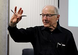 Ray Hyman demonstrates Uri Geller's spoon bending feats at CFI lecture. June 17, 2012 Costa Mesa, CA Ray Hyman Spoon Bending CFI.jpg