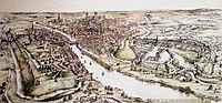 A panorama of 15th-century York by E. Ridsdale Tate; York Castle is on the right hand side of the river, opposite the abandoned motte of Baile Hill. RidsdalePanorma.jpg