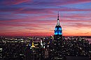 Empire State Building lighted in blue and white at sunset on 19 November 2009; lighting design Douglas Leigh