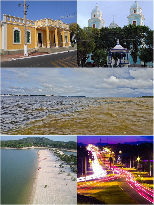 Acima, à esquerda, Museu João Fona; à direita, Catedral de Nossa Senhora da Conceição (Igreja Matriz); ao centro, Encontro do Rio Tapajós e Rio Amazonas; abaixo, à esquerda, praia de Alter do Chão; à direita, Rodovia Engenheiro Fernando Guilhon vista a partir do Viaduto Gerardo Monteiro.