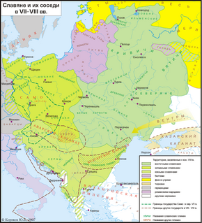 Venäläinen näkemys itäisen Keski-Euroopan heimoista 600- ja 700-luvuilla (venäjäksi). Krivitšit mainitaan vihreän alueen yläosassa (кривичи́).
