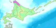 Kaart van Hokkaido met Sōya gemarkeerd