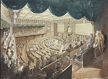 A drawing depicting a speech in the Imperial Japanese Diet on November 1, 1945, following the end of the Second World War. In the foreground are several Allied soldiers watching the proceedings from the back of the balcony. The Imperial Japanese Diet, Tokyo - the House of Representatives Art.IWMARTLD5841.jpg