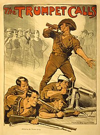 "The Trumpet Calls (Trampet Çağırıyor)": Avustralya'da 1914-1918 arasında kullanılan askeri alma posteri (Norman Lindsay)