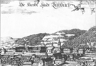 Ljubljana vue de Golovec en 1689. Dessin de Janez Vajkard Valvasor