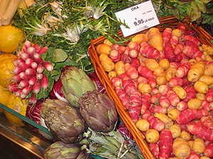 Vegetables in a grocery store, Paris, France.