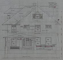 The William Morrison House, in Toledo, Ohio, designed in the Mission Revival style in 1906 William Morrison Residence, Rear Elevation and Front Elevation, architectural drawing, 1906 - DPLA - 31621a2aaa015879ac96391713199610 (cropped).jpg