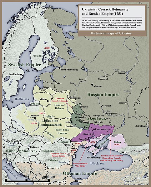 Historical map of Ukrainian Cossack Hetmanate and territory of Zaporozhian Cossacks under rule of Russian Empire (1751).