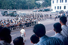 Police confrontation during the 1967 leftist riots 1967 Hong Kong riots-Communists and Police.jpg