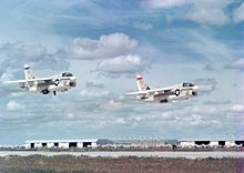 VA-147 was the first operational USN A-7 squadron, in 1967. A-7As VA-147 taking off from NAS Lemoore 1967.jpg
